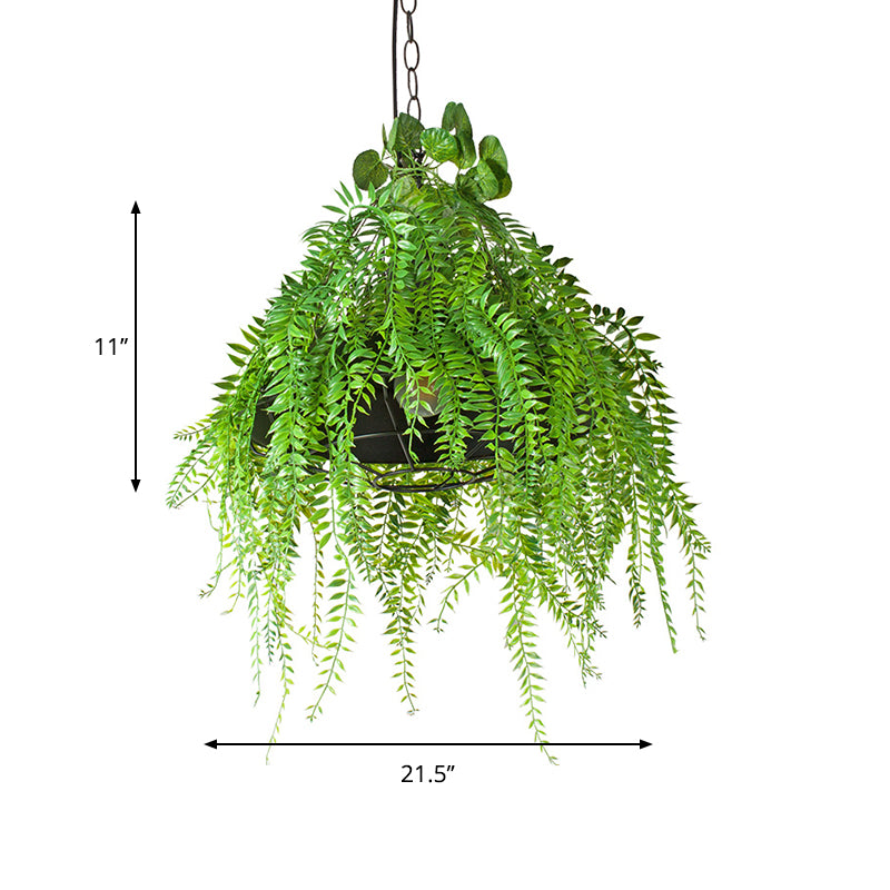 Factory Wire Guard Drop Pendant 1 Light Iron Hanging Ceiling Light in Black with Artificial Green Plant