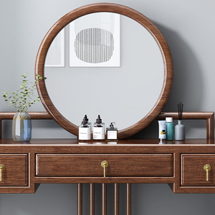 Traditional 3 Drawers Walnut Wood Mirrored Makeup Table Desk Vanity in Brown