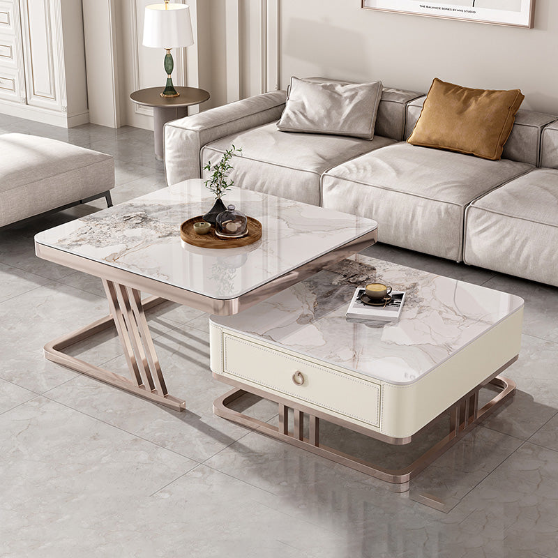 2 Nesting Coffee Table Set Slate & Glass Top Square Cocktail Table with Drawers