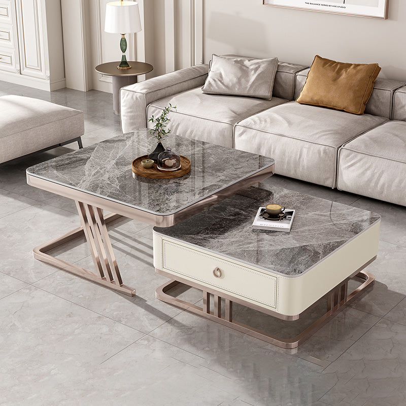 2 Nesting Coffee Table Set Slate & Glass Top Square Cocktail Table with Drawers