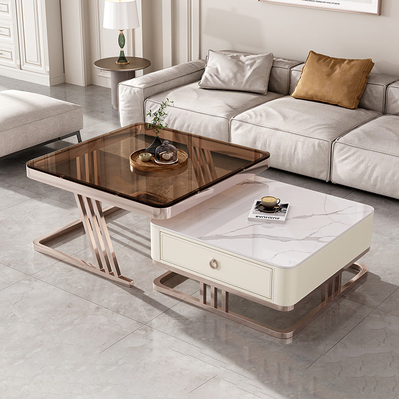 2 Nesting Coffee Table Set Slate & Glass Top Square Cocktail Table with Drawers