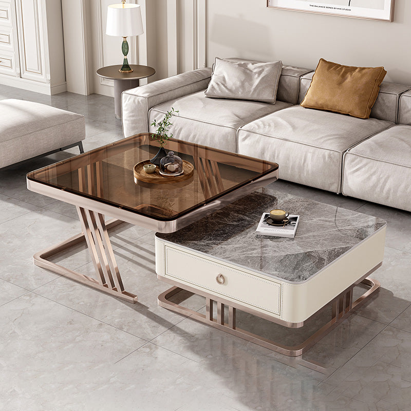 2 Nesting Coffee Table Set Slate & Glass Top Square Cocktail Table with Drawers