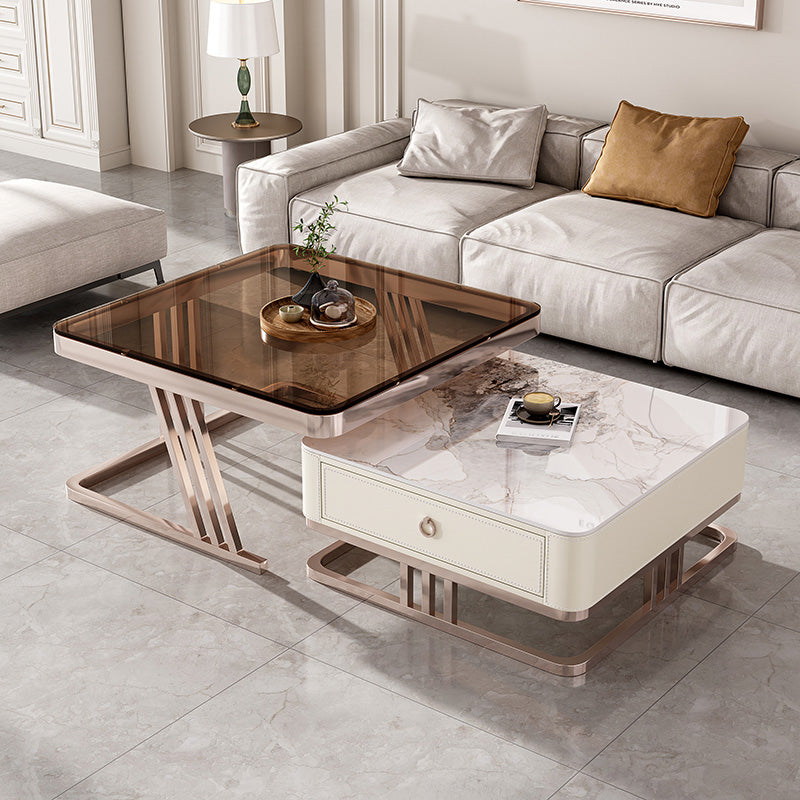 2 Nesting Coffee Table Set Slate & Glass Top Square Cocktail Table with Drawers