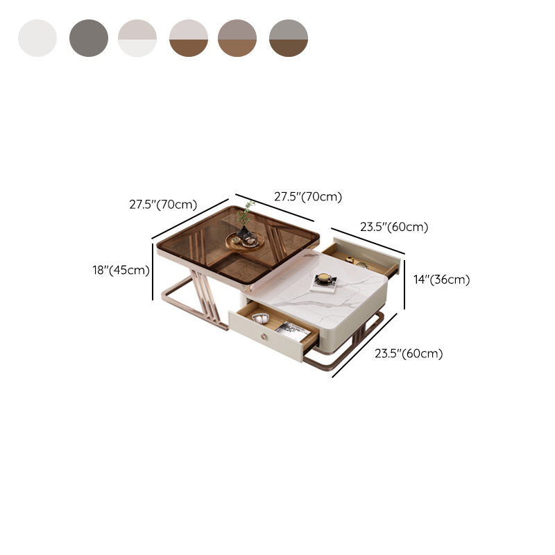 2 Nesting Coffee Table Set Slate & Glass Top Square Cocktail Table with Drawers