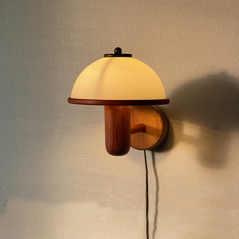 Modern Wood Wall Sconce Mushroom Shape Wall Light with Metal Shade for Living Room