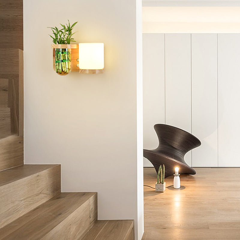 1-Light Wall Lamp Modern Wooden Shade Wall Lighting Fixtures without Plants