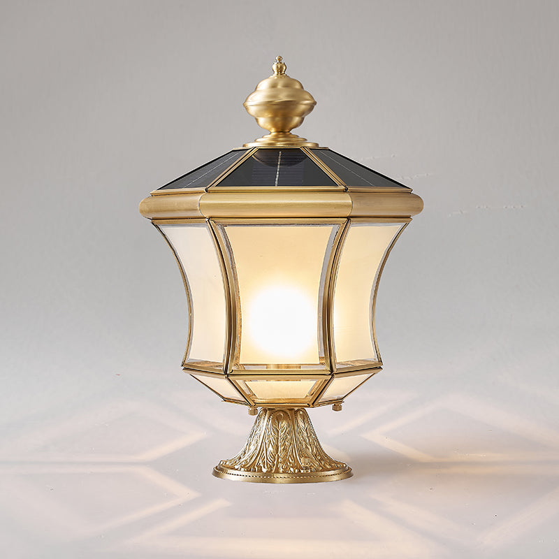 Drum Shape Metal Outdoor Lamp Modern Style 1 Light Solar Pillar Lights in Brass