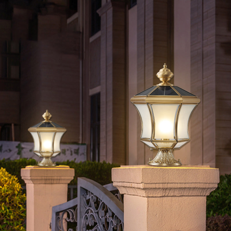 Drum Shape Metal Outdoor Lamp Modern Style 1 Light Solar Pillar Lights in Brass