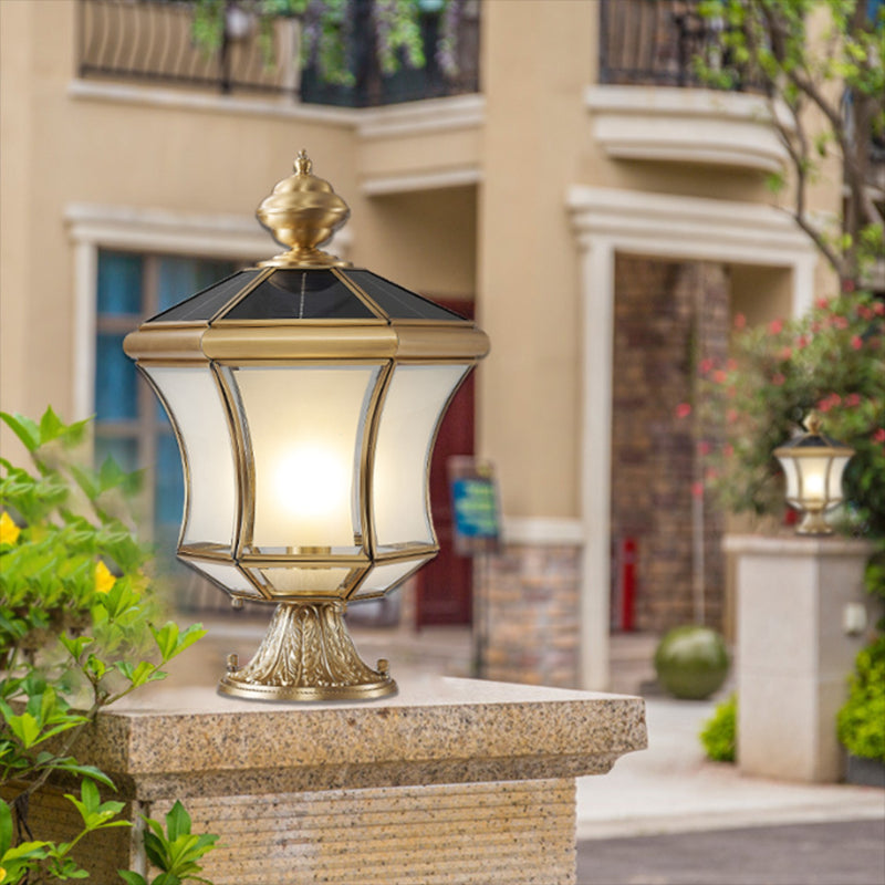 Drum Shape Metal Outdoor Lamp Modern Style 1 Light Solar Pillar Lights in Brass