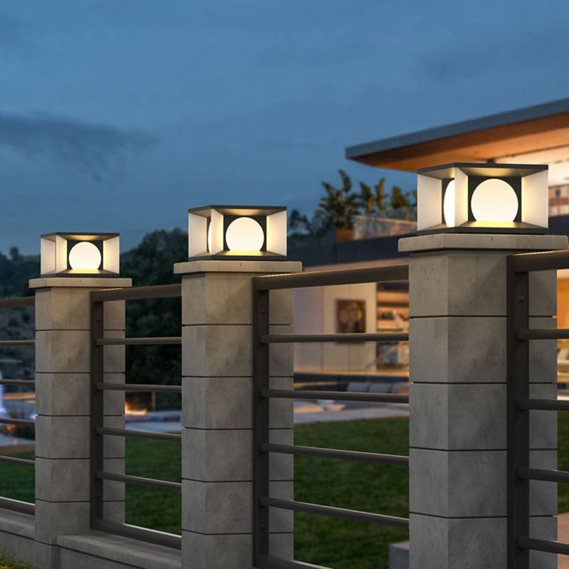 Geometric Shape Metal Outdoor Lamp Modern Style 1 Light Solar Pillar Light in Black