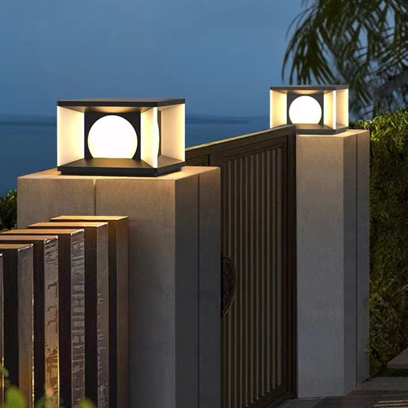 Geometric Shape Metal Outdoor Lamp Modern Style 1 Light Solar Pillar Light in Black