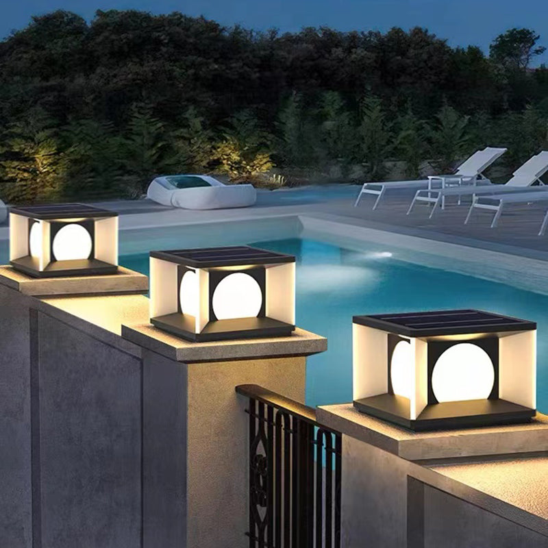 Geometric Shape Metal Outdoor Lamp Modern Style 1 Light Solar Pillar Light in Black