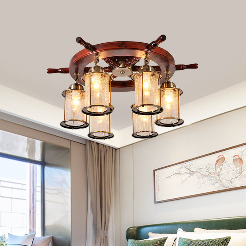 6 Lights Semi Flush Mount Light Farm Cylinder Clear Crackle Glass Ceiling Lamp in Gold with Wood Rudder Design