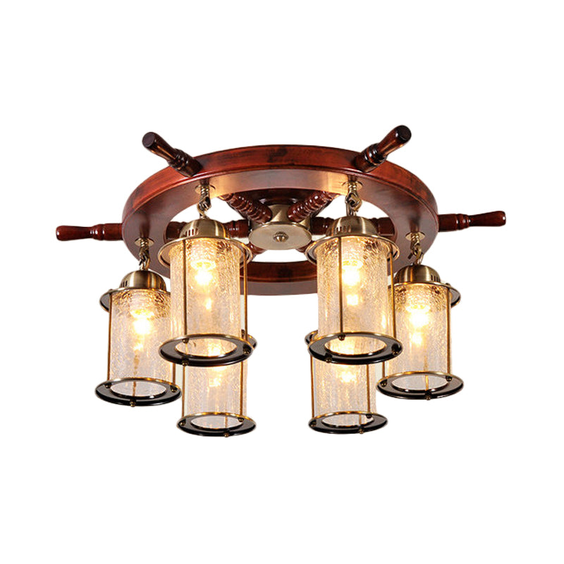 6 Lights Semi Flush Mount Light Farm Cylinder Clear Crackle Glass Ceiling Lamp in Gold with Wood Rudder Design