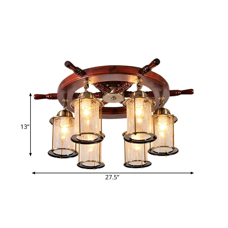 6 Lights Semi Flush Mount Light Farm Cylinder Clear Crackle Glass Ceiling Lamp in Gold with Wood Rudder Design