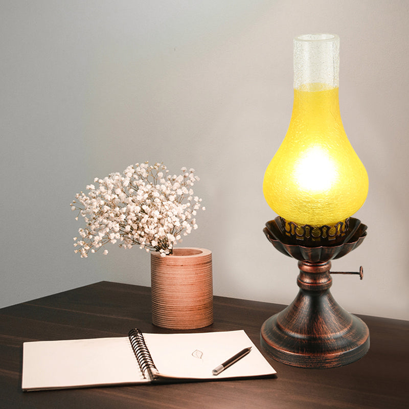 Copper Vase Shade Table Lighting Factory Tan Crackle/Yellow Glass 1-Head Bedside Desk Lamp with Metal Base