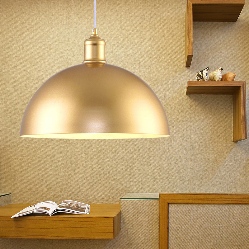 Industrial Dome Hanging Lamp 1 Light Metallic Height Adjustable Pendant Lighting in Gold for Bedroom, 12"/16" Dia