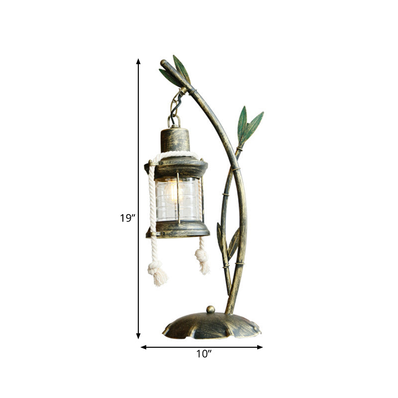 Lámpara de mesa de queroseno de vidrio transparente estilo granja 1 luz iluminación de escritorio de comedor en latón con decoración de bambú de metal