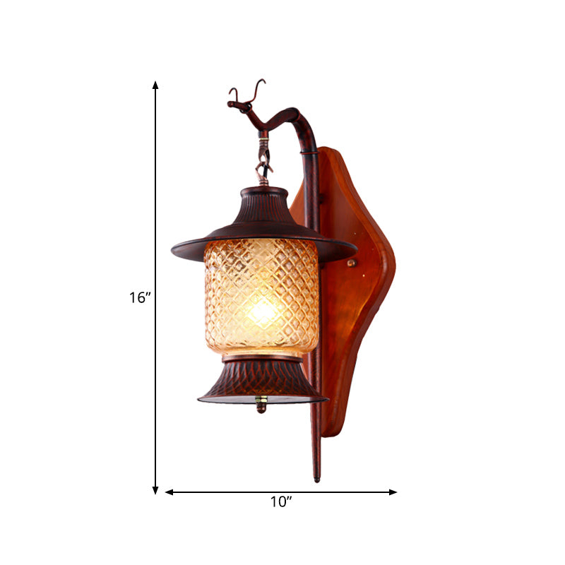 Lantern Living Room Sconce Light Fixture Vintage Tan Gird Glass 1-Light Copper Wall Lighting Fixture with Wood Backplate