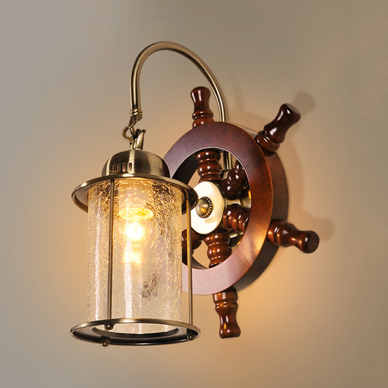 Cylinder Clear Crackle Glass Wall Lamp Sconce Farm 1 Light Living Room Wall Lighting in Gold with Wood Rudder Deco