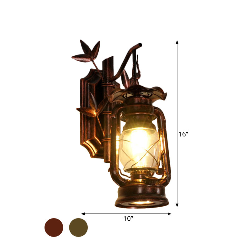 Industrial Lantern Sconce 1 Head Clear Glass Wall Mount Light Fixture in Bronze/Copper with Metal Bamboo Backplate