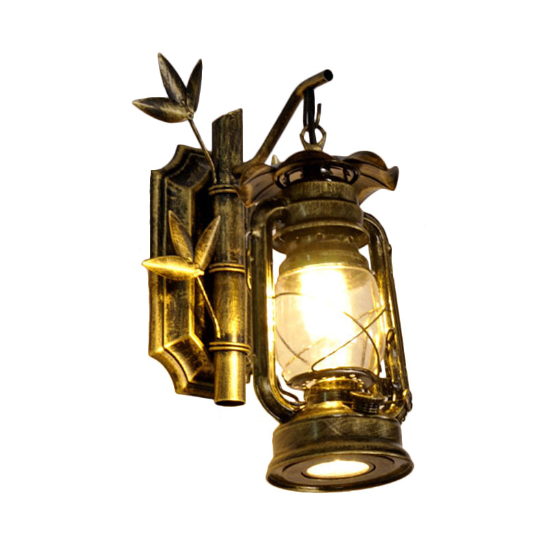 Industrial Lantern Sconce 1 Head Clear Glass Wall Mount Light Fixture in Bronze/Copper with Metal Bamboo Backplate