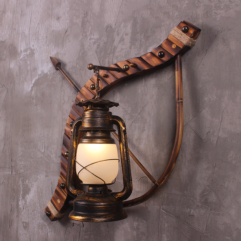 Vintage Lantern Wall Lamp 1 Light Opal Glass Sconce Light Fixture in Bronze with Wood Bow and Arrow Deco