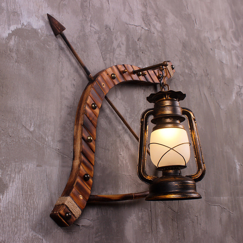 Vintage Lantern Wall Lamp 1 Light Opal Glass Sconce Light Fixture in Bronze with Wood Bow and Arrow Deco