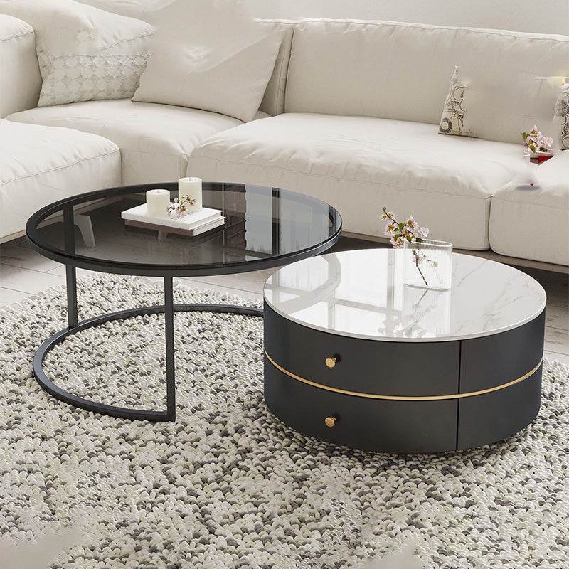 Frame Coffee Table Contemporary Stone/Glass Cocktail Table with Storage Drawers