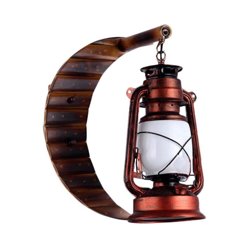 White Glass Copper Sconce Lamp Lantern 1 Light Coastal Style Wall Mounted Light with Bamboo Crescent Deco