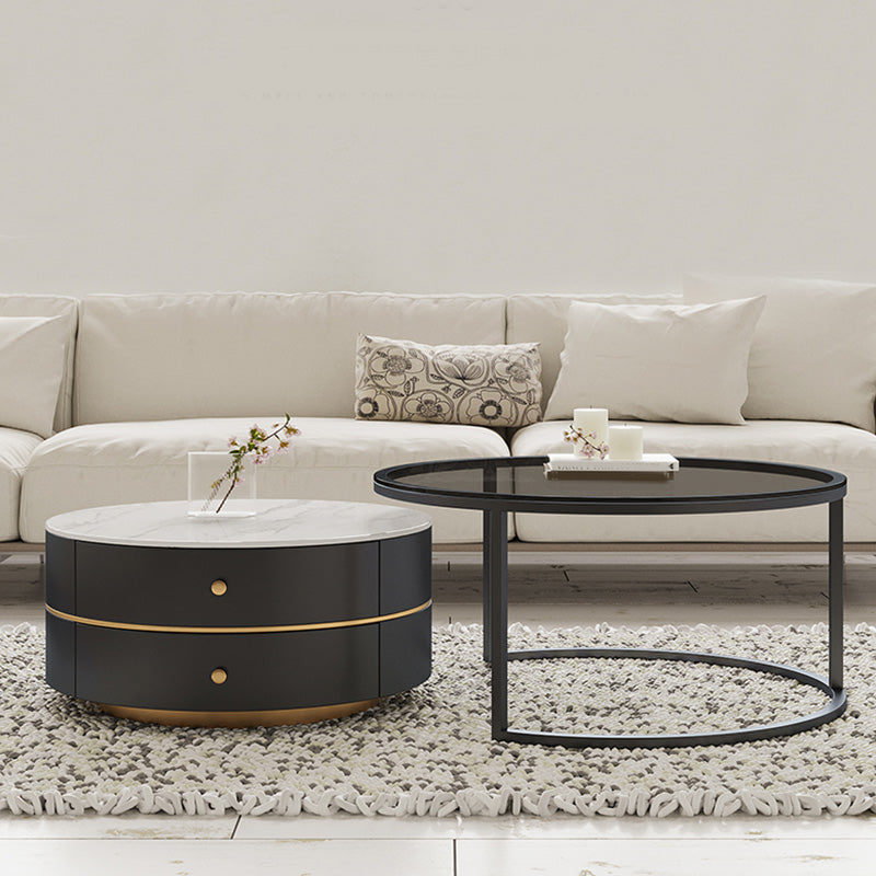 Frame Coffee Table Contemporary Stone/Glass Cocktail Table with Storage Drawers