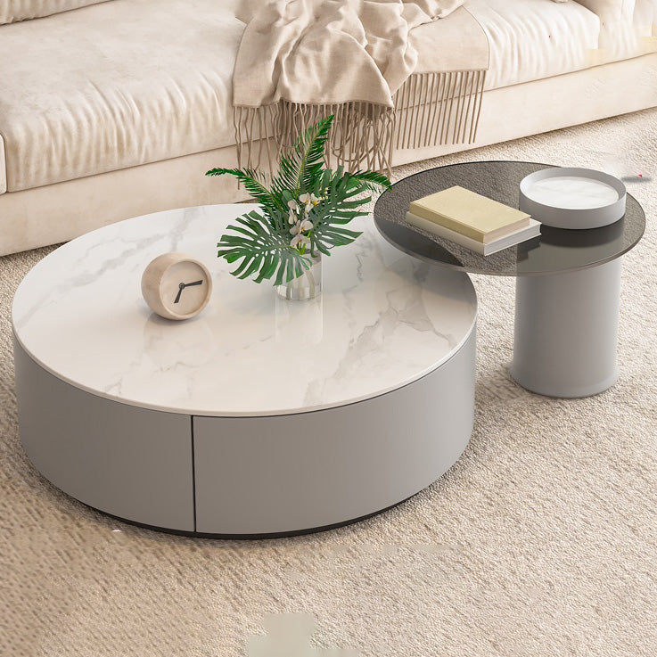 Drum Coffee Table Contemporary Stone Cocktail Table with 2 Storage Drawers