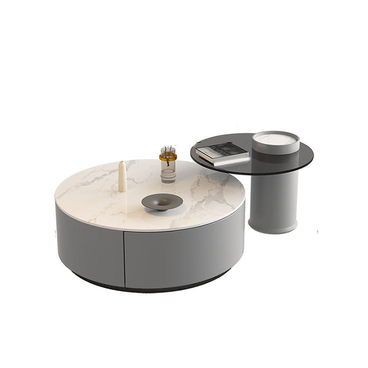 Drum Coffee Table Contemporary Stone Cocktail Table with 2 Storage Drawers