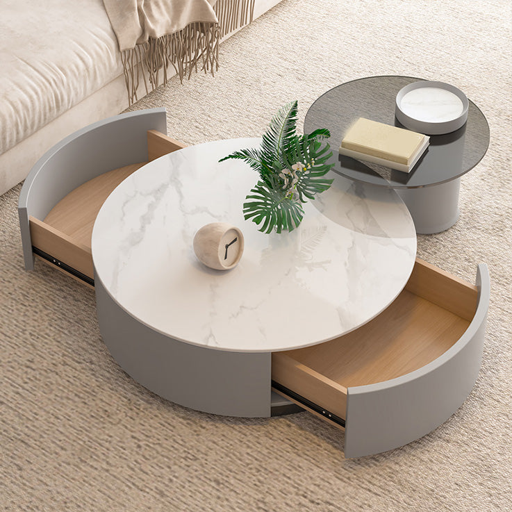 Drum Coffee Table Contemporary Stone Cocktail Table with 2 Storage Drawers