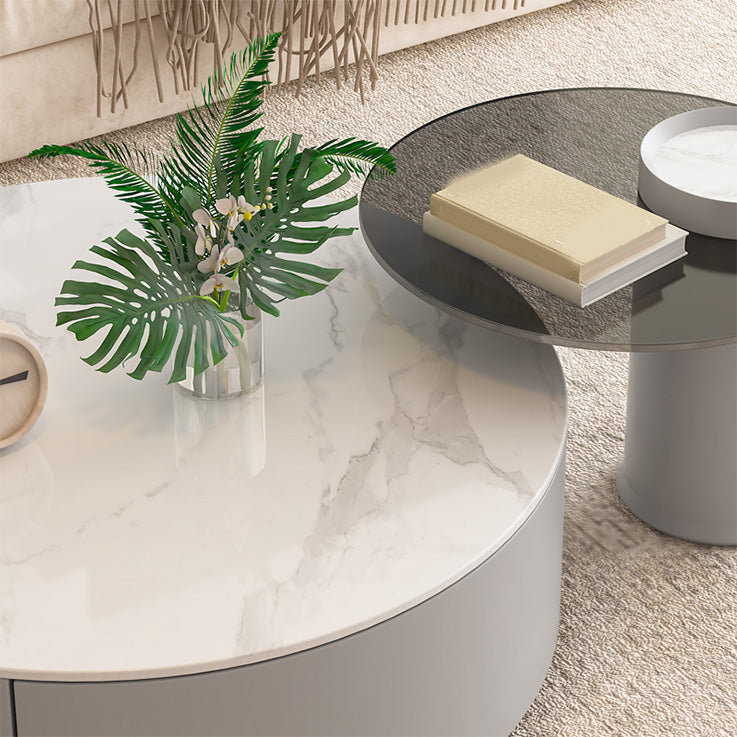 Drum Coffee Table Contemporary Stone Cocktail Table with 2 Storage Drawers