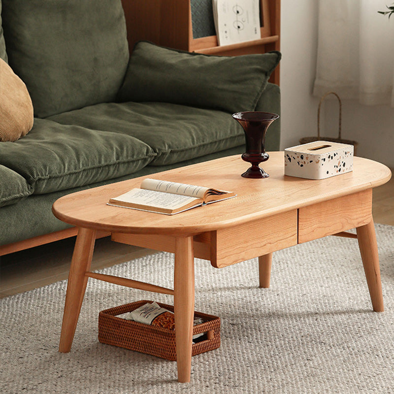 4 Legs Coffee Table Solid Wood Cocktail Table with 2 Storage Drawers