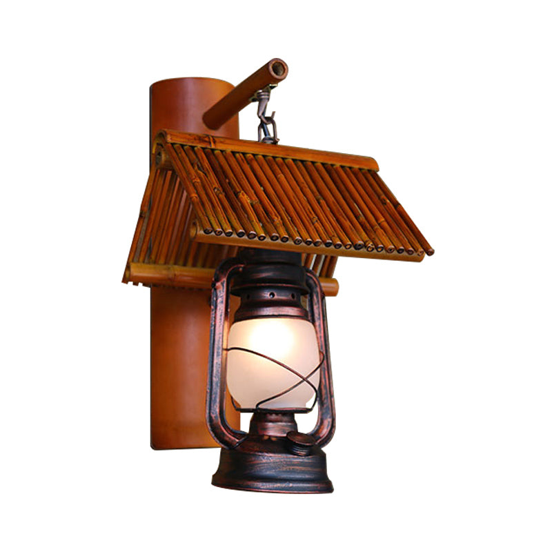 Copper 1 Light Wall Light Fixture Warehouse Frosted Glass Kerosene Sconce Lamp with Bamboo Roof Deco