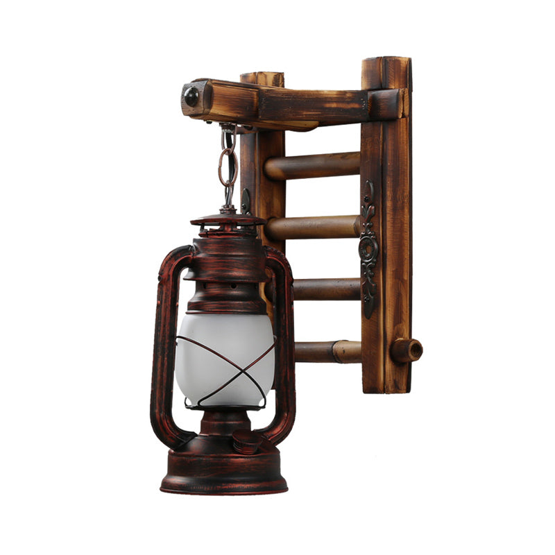 Lantern Restaurant Wall Light Factory Frosted Glass 1 Light Copper Finish Wall Lighting Fixture with Bamboo Ladder Backplate