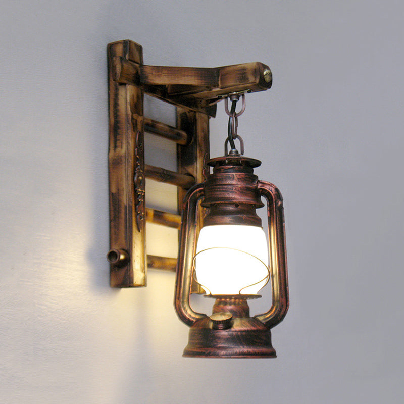 Lantern Restaurant Wall Light Factory Frosted Glass 1 Light Copper Finish Wall Lighting Fixture with Bamboo Ladder Backplate