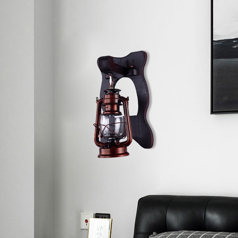 1 Light Wall Sconce Industrial Lantern Clear Glass Wall Lighting Ideas in Copper with Wooden Backplate