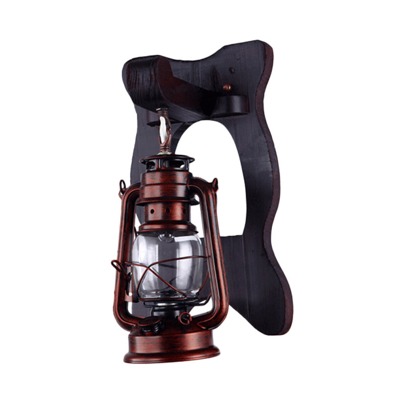 1 Light Wall Sconce Industrial Lantern Clear Glass Wall Lighting Ideas in Copper with Wooden Backplate
