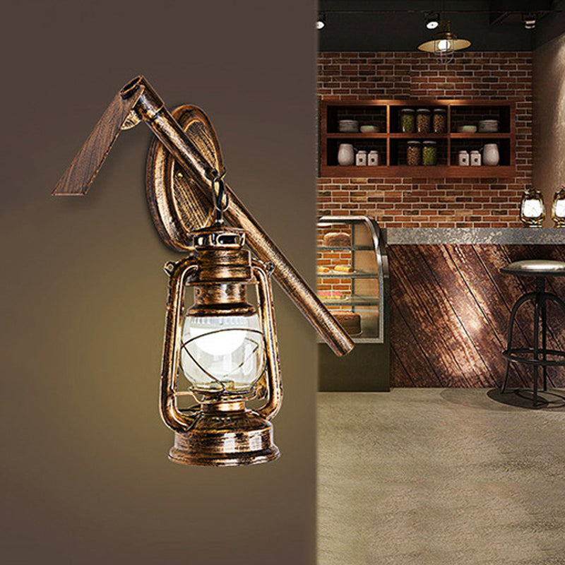 Lantern Clear Glass Wall Hanging Light Vintage 1 Bulb Living Room Sconce Lighting Fixture in Bronze with Metal Hoe Deco