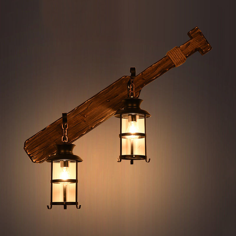 Farmhouse Kerosene Wall Light Fixture 2-Light Clear Glass Wall Sconce in Black with Wood Tool Design