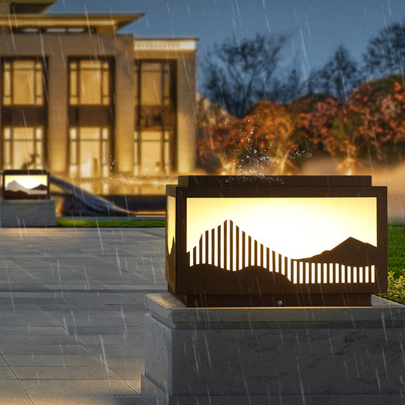Rectangle Shape Metal Outdoor Lamp Modern Style 1 Light Solar Pillar Light in Brown
