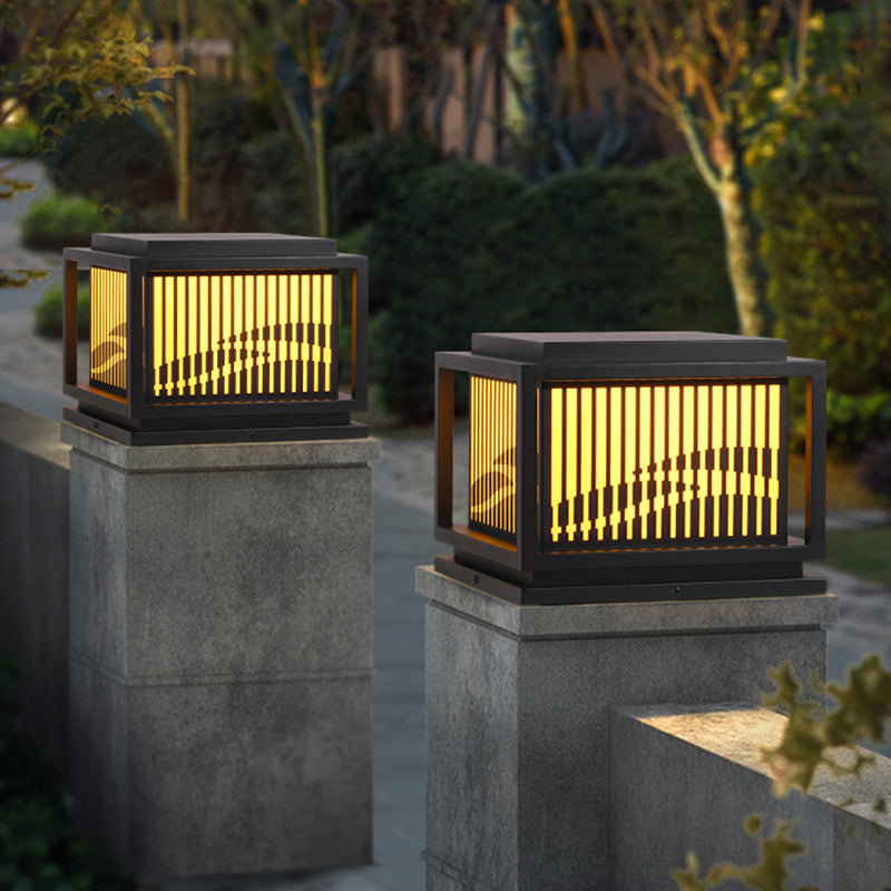 Square Black Pillar Lamp Waterproof Outdoor Light with Metal Shade for Garden
