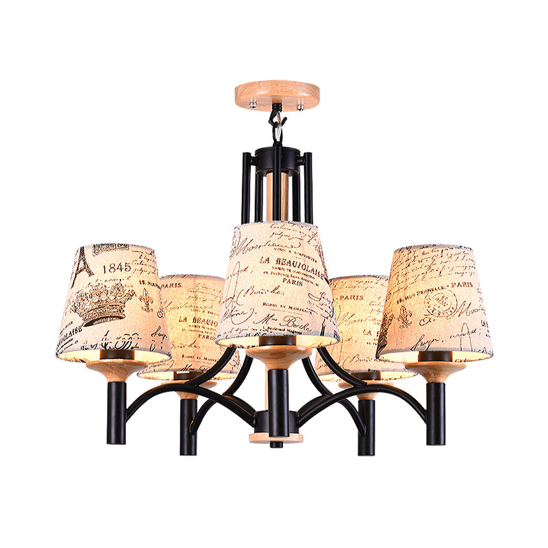 Black Barrel Semi Flush Lighting Modernist 5 Heads Patterned Fabric Flush Mount Lamp Fixture