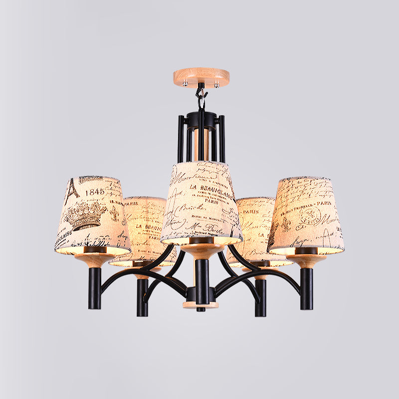 Black Barrel Semi Flush Lighting Modernist 5 Heads Patterned Fabric Flush Mount Lamp Fixture