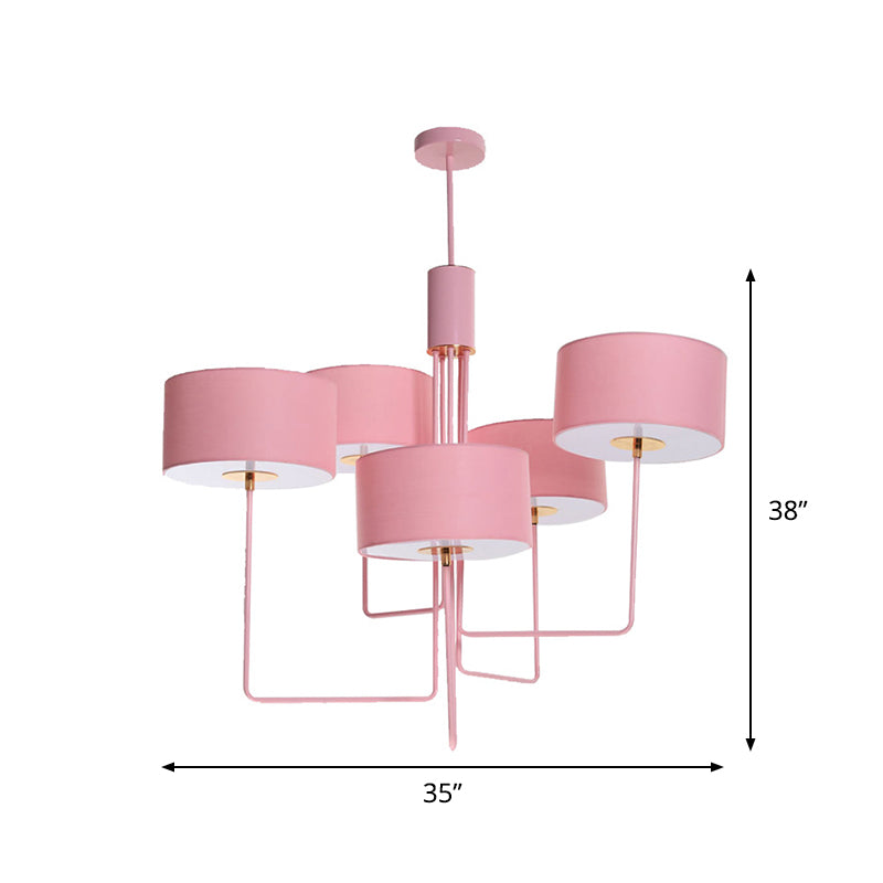 Moderne Drum Kronleuchter Beleuchtung Stoff 5 Lampen Wohnzimmer Hanging Lamp Kit in Pink