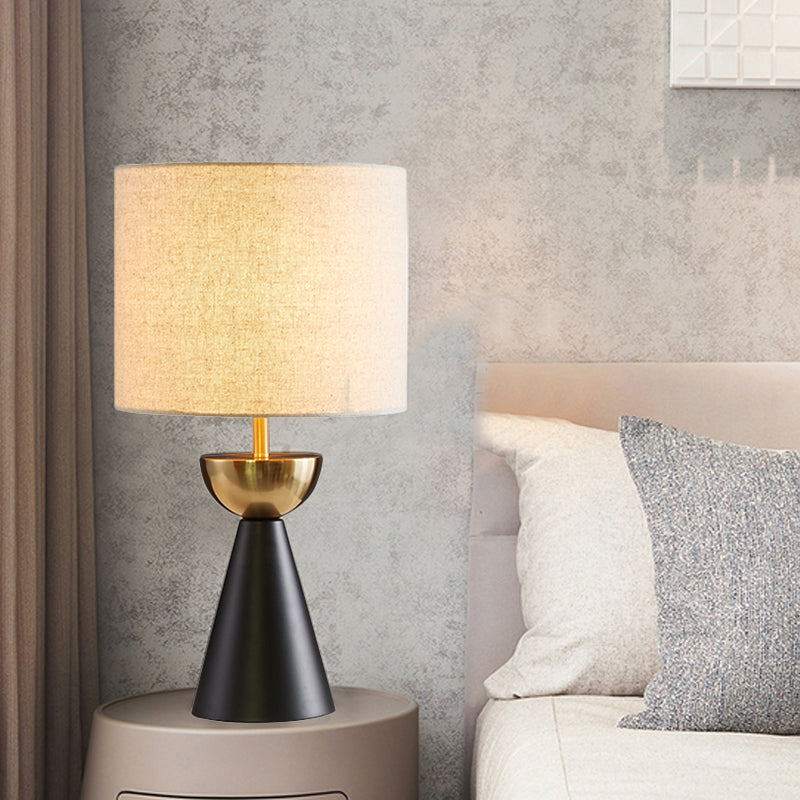 Cylinder Fabric Night Table Light Modern 1 Bulb White/Flaxen Nightstand Lamp with Black Cone Base