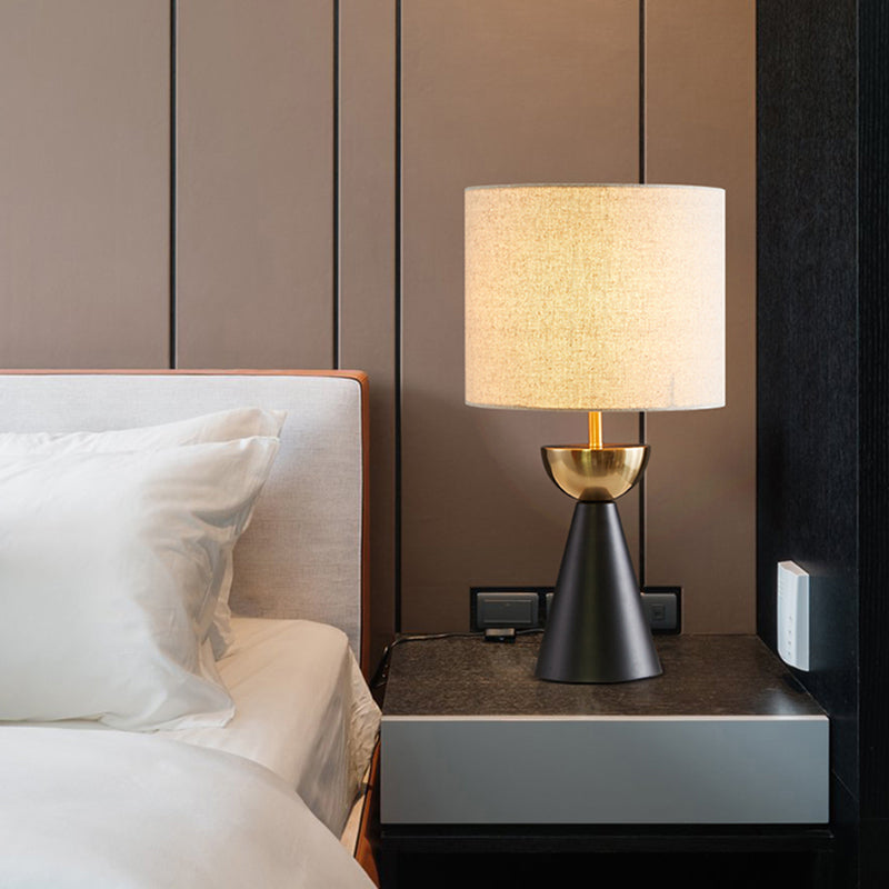 Cylinder Fabric Night Table Light Modern 1 Bulb White/Flaxen Nightstand Lamp with Black Cone Base
